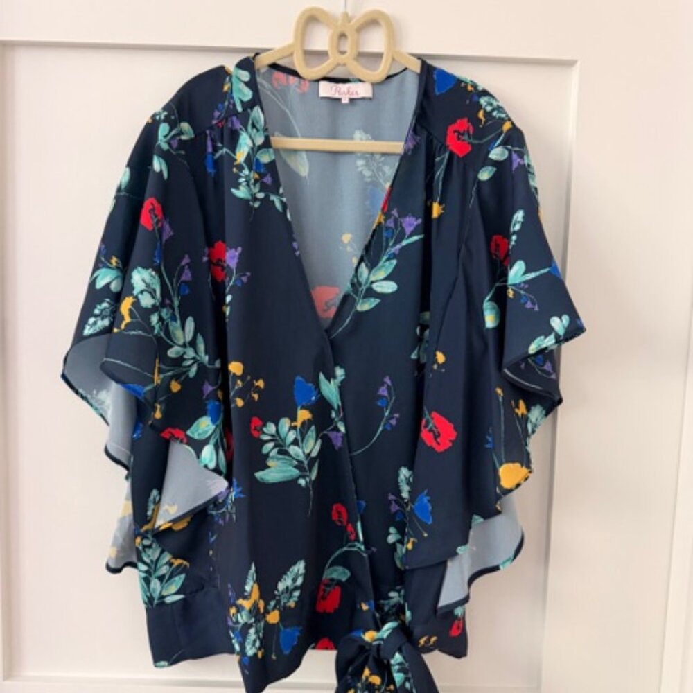 Parker Delfina Navy "Night Floral" Wrap Blouse, XS